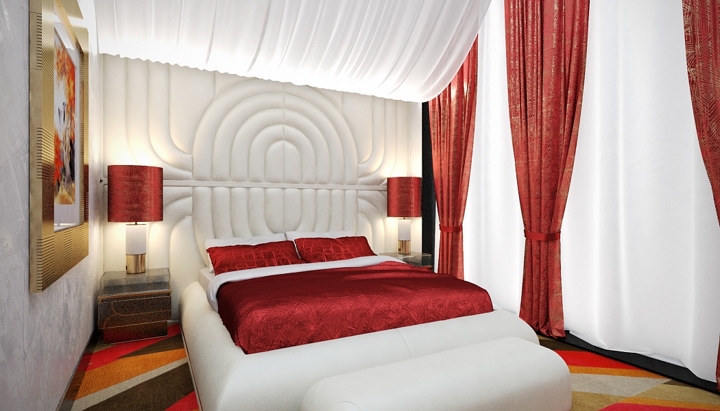 Дизайн гостевой спальни в красных тонах, Дизайн интерьера: визуализация проекта