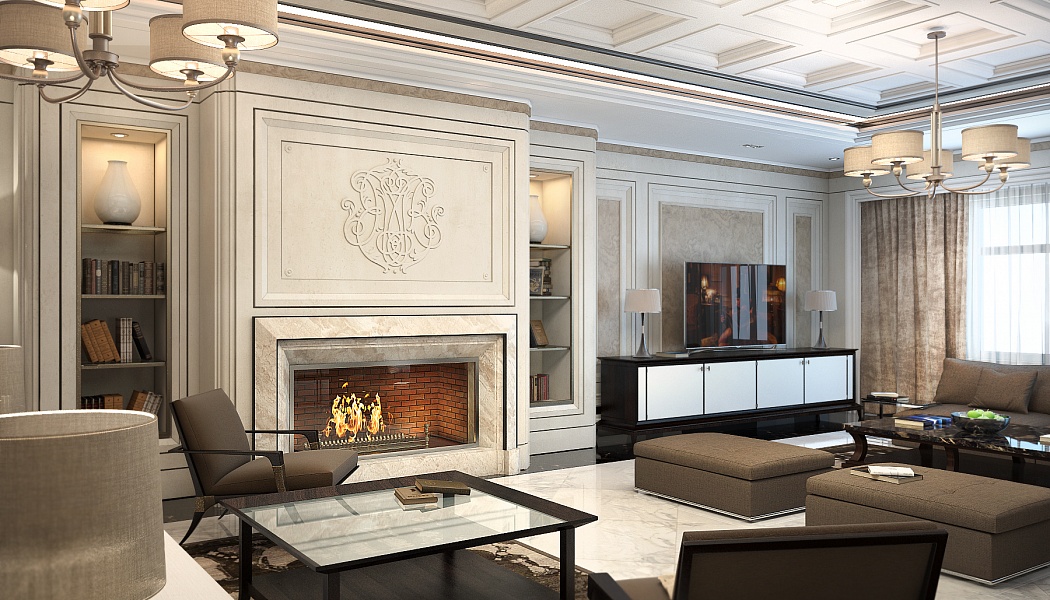 Дизайн классической гостиной с камином, Дизайн интерьера: визуализация проекта
