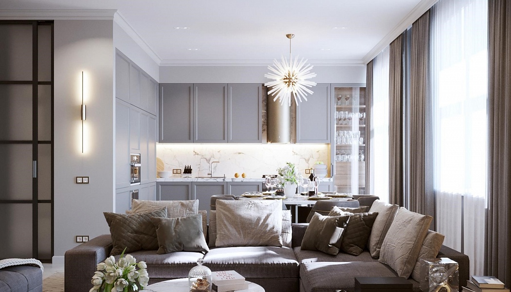 Кухня-гостиная в современной квартире, Дизайн интерьера: визуализация проекта
