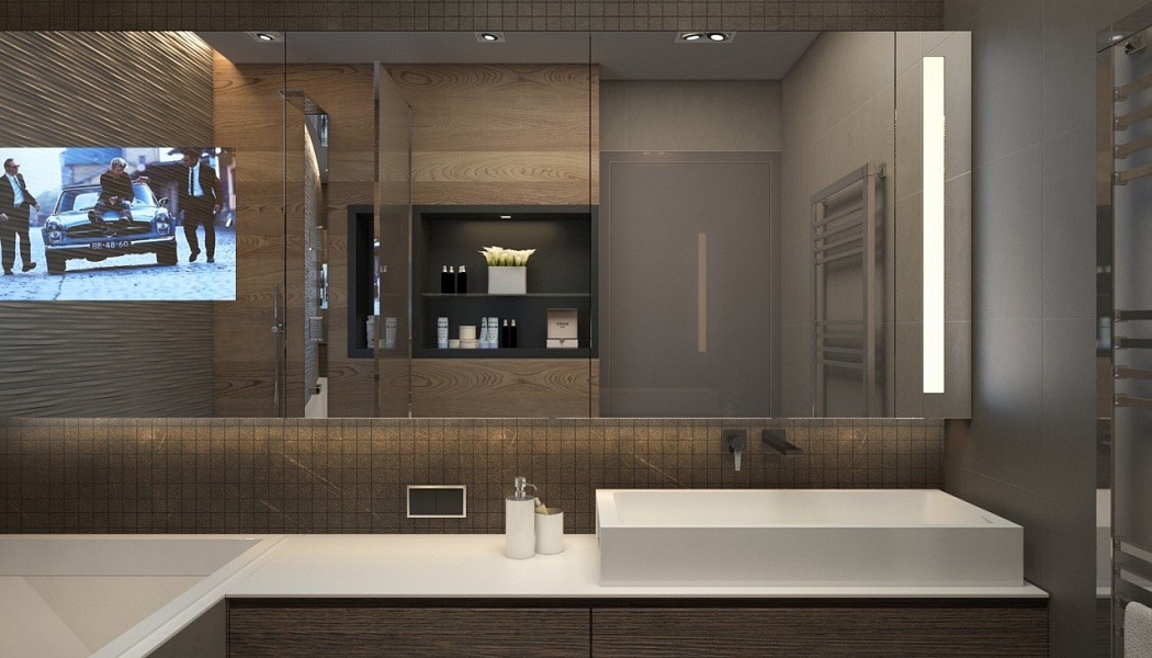 Дизайн ванной комнаты с зеркальным телевизором, Дизайн интерьера: визуализация проекта