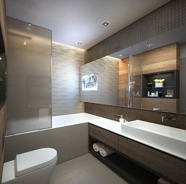 Дизайн ванной комнаты с зеркальным телевизором фото 1
