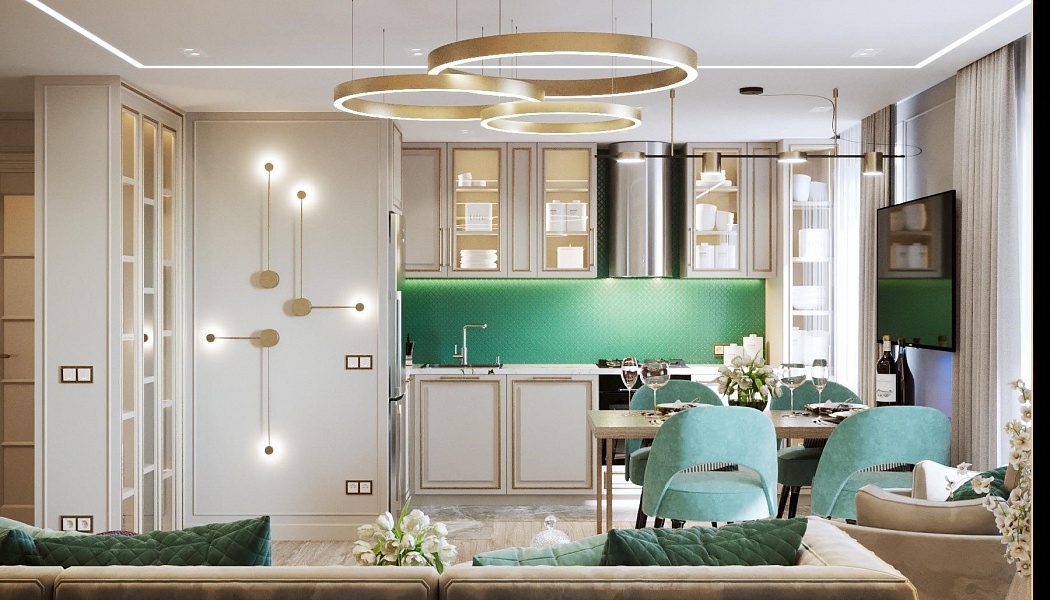 Кухня-гостиная в стиле «Тиффани», Дизайн интерьера: визуализация проекта